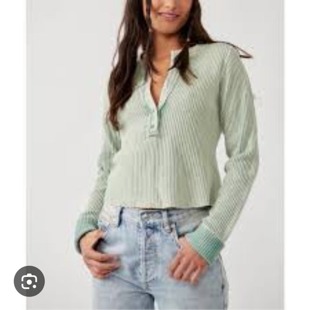 Free People Sage Green Ribbed Button-Down Top